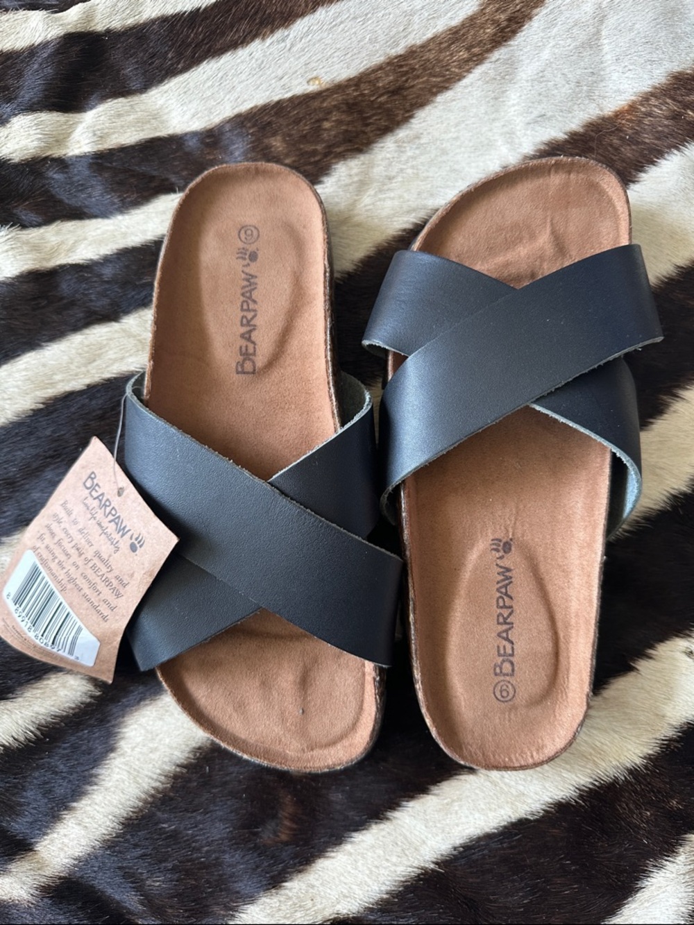 BearPaw Margarita Black Leather Crisscross Slide Sandals with Tan Footbed